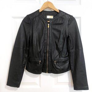 Mango Collarless Genuine Real Leather Biker Jacket